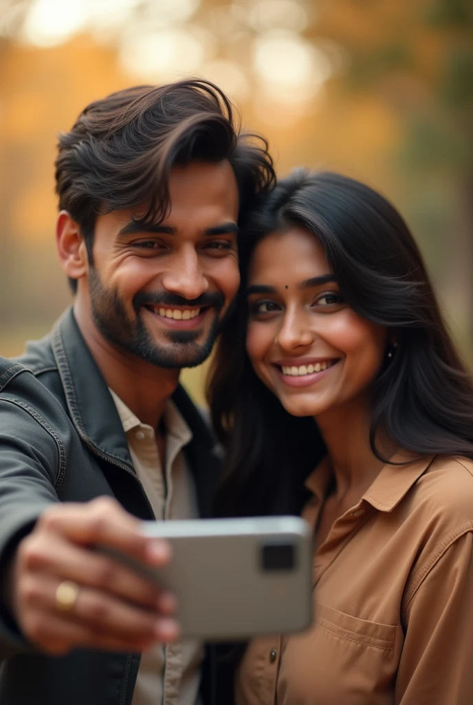 "A 1 Indian couple is sitting together. The boy has medium long hair and is wearing a jacket, while the girl is wearing a shirt. The girl is taking a selfie of the two of them. capturing a happy moment. The background is soft and slightly blurred, drawing focus to the couple's joyful expressions."