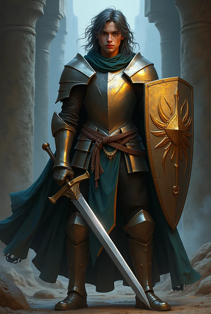 a young knight in shining armor, radiant knight, medieval warrior, man with messy dark grey long hair, rugged adventurer, longsword, kite shield, dungeons and dragons, heroic pose, cinematic lighting, dramatic composition, highly detailed, digital painting, masterpiece, photorealistic, 8k, intricate details, chiaroscuro, moody atmosphere