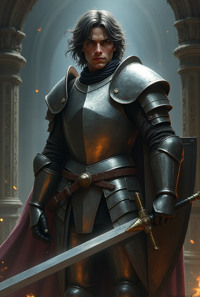 a young knight in shining armor, radiant knight, medieval warrior, man with messy dark grey long hair, rugged adventurer, longsword, kite shield, dungeons and dragons, heroic pose, cinematic lighting, dramatic composition, highly detailed, digital painting, masterpiece, photorealistic, 8k, intricate details, chiaroscuro, moody atmosphere