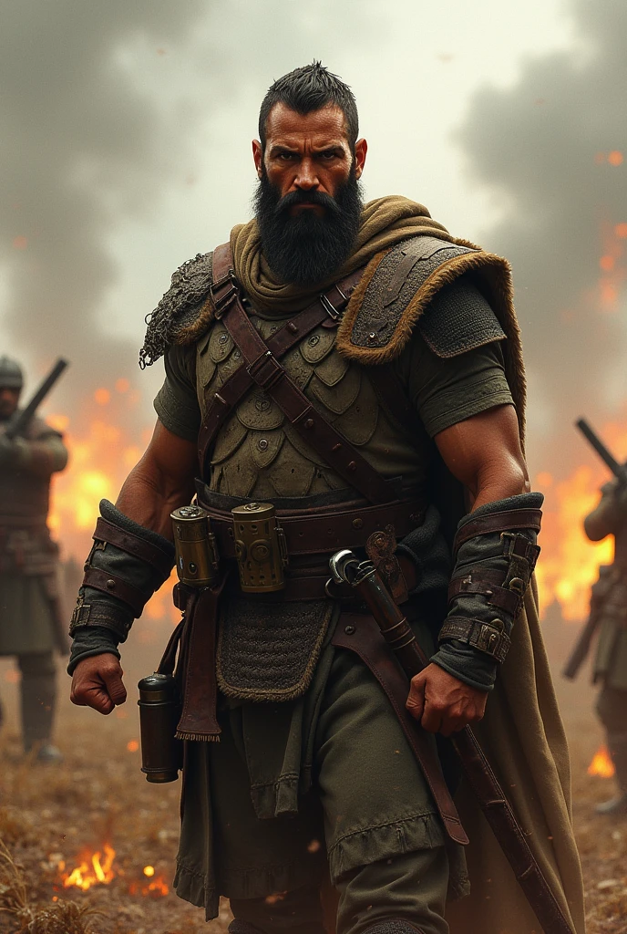 "A man fights with fiery enthusiasm, wearing combat clothing with a facial expression full of determination and honesty, showing firmness and courage on the battlefield."
