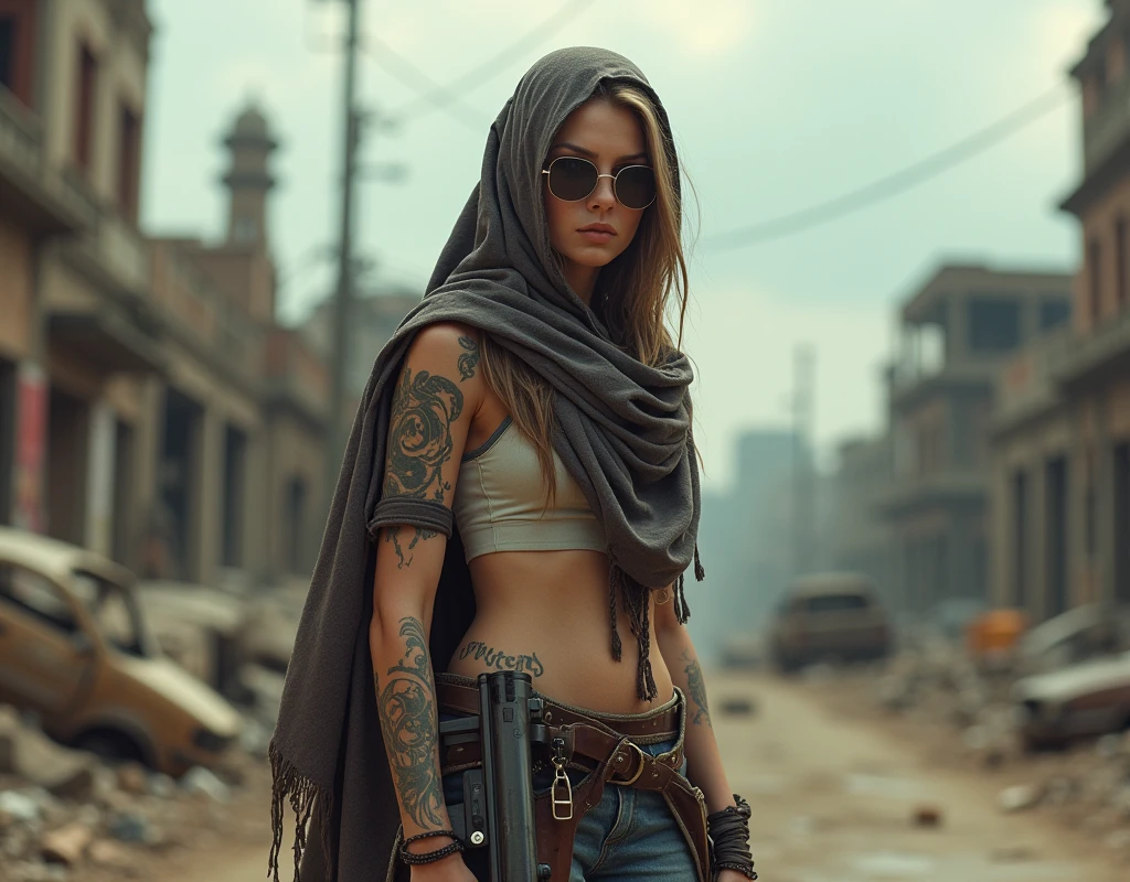 A photorealistic picture, best quality, realistic, full body portrait, real picture, enhanced details, depth of field, post-apocalyptic wasteland, destroyed city, ruins, trash, wrecked cars, graffiti, woman, dressed in old worn clothes, scarf on her head and neck, sunglasses, tattoo on her arm and neck, lots of details, automatic weapon. real face, real silhouette, Fujifilm XT3, outdoors, morning, nice lighting, dynamic, RAW, 8k, uhd, film grain, bokeh. incrase details to the city and the environment,, the signs of decay and destruction, the vegetation and wildlife, the weather and the sky, the mood and atmosphere,