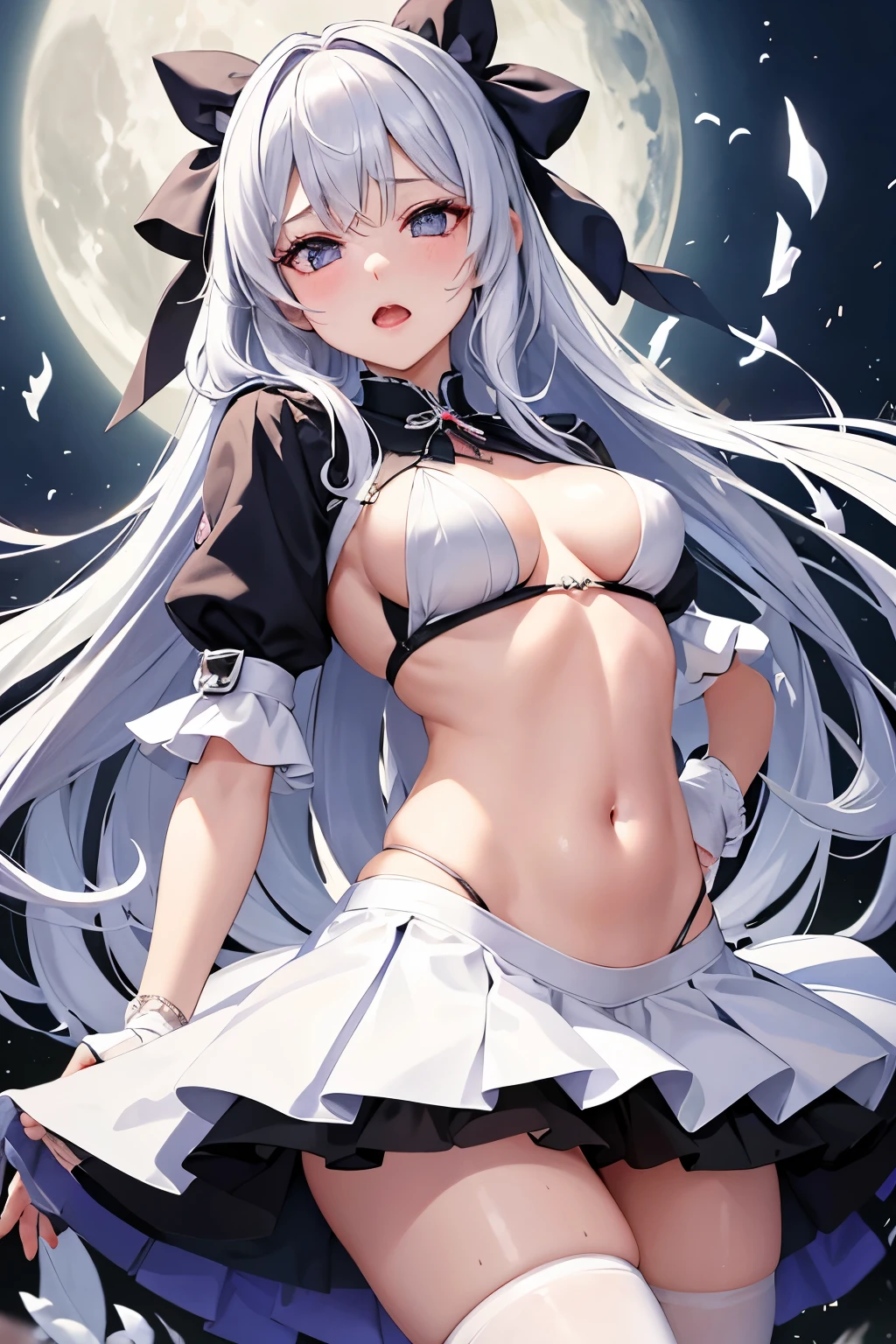 {{{{{show off your pussy}}}}}, {{{{{skirt lift}}}}}, foot, smile, masterpiece, highest quality, figure, 1 girl, gothic dress, cute face, lonely, Night sky with stars and moon, long hair, NSFW, nude, topless, Bigina, labia minora