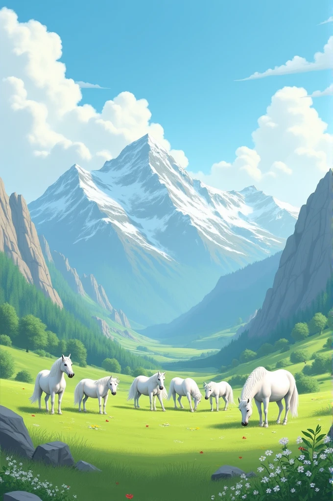 A pasture field valley with mountains along. clouds cartoon and 7 white horse 
