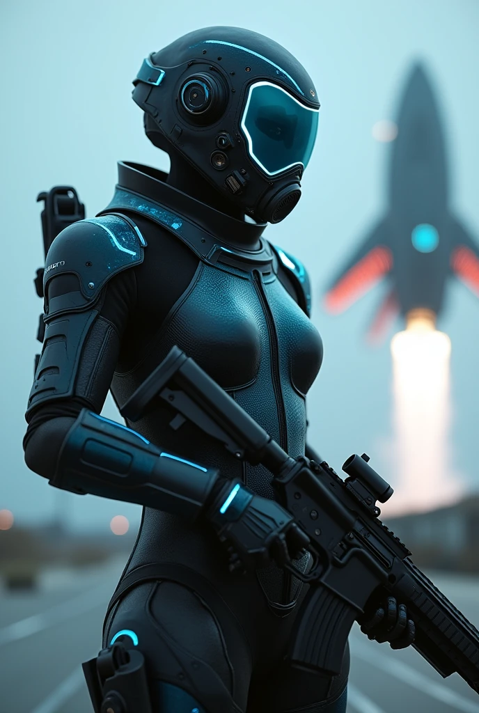 , armed female figure in a (((Holographic))) sci-fi suit (tight jumpsuit), at the spaceport, against the background of a sci-fi ship taking off, overcast, mask, sci-fi visor, sci-fi lens, sci-fi respirator, bald head, plate armor, isolated armor, third-person view from below, lots of fine detail in the style of 'pursuit' by gesaffelstein, photorealistic, cinematic lighting, dark atmosphere, volumetric lighting, action pose, epic scene, lots of fine detail, movie style, photography, natural textures, natural light, natural blur, photorealism, cinematic rendering, ray tracing, highest quality, highest detail, Cinematic, Blur Effect, Long Exposure, 8K, Ultra-HD, Natural Lighting, Moody Lighting, Cinematic Lighting, hyper-realistic, vibrant, 8k, detailed, ultra detail,
