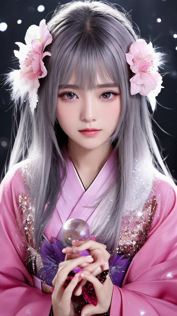 woman、Beauty、Gorgeous kimono、Whitening、Transparencyのある肌、front、Upper Body、Make eye contact、Silver Hair、mysterious、Very long hair、Glossy face、Transparency、Doll Face、Gray Eyes、Solemn, Take a closer look, The background is a moonlit night.、Light pink background、Background glitter、Crystal ball、