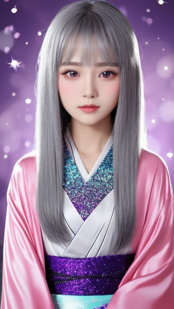 woman、Beauty、Gorgeous kimono、Whitening、Transparencyのある肌、front、Upper Body、Make eye contact、Silver Hair、mysterious、Very long hair、Glossy face、Transparency、Doll Face、Gray Eyes、Solemn, Take a closer look, The background is a moonlit night.、Light pink background、Background glitter、Crystal ball、