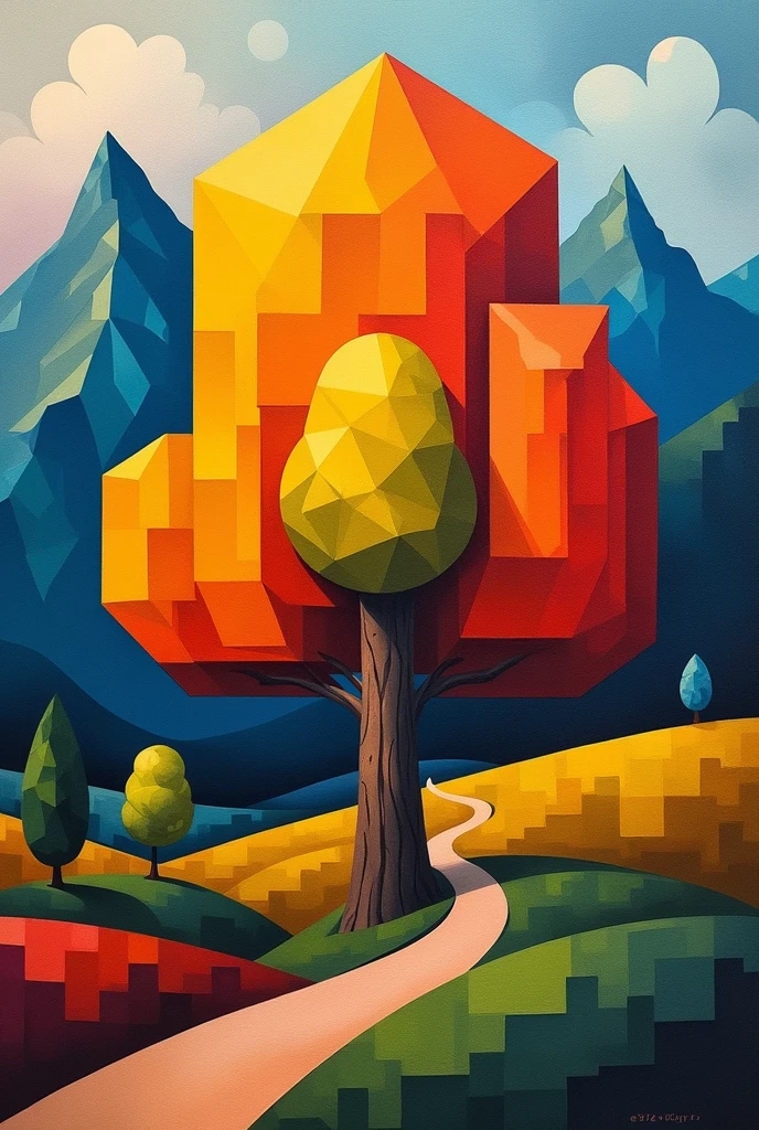 For a Cubist landscape that shows the principle of emphasis, you might create a scene where one element stands out significantly. 

Imagine a Cubist painting of a mountainous landscape where:

- The foreground includes a large, geometric, bright-colored tree or building.
- The tree or building is rendered in exaggerated shapes and vivid colors, contrasting with the more subdued and fragmented background elements like the mountains and sky.
- The rest of the landscape is broken into abstract shapes and subdued colors, directing attention to the emphasized element.

This approach highlights the focal point of the composition and uses contrast in color and form to draw the viewer's eye to the emphasized feature in the landscape.