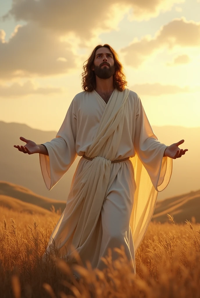 A serene scene of a bearded man resembling a classic depiction of Jesus Christ, standing in a field at sunrise or sunset. His body is slightly turned to the right, not fully facing the viewer but at a gentle angle, with his right side more visible. His both arms are outstretched in a welcoming gesture like he was praying, and his head is tilted slightly upward, with his gaze directed toward the sky. He has long, wavy brown hair and a well-groomed beard, with a calm and compassionate expression on his face. He is dressed in flowing white robes that drape gracefully over his body. The warm, golden light of the sun reflects off his right side, casting a gentle glow on his face and robes. The background consists of rolling hills and a vast sky with a mix of clouds and soft sunlight, enhancing the tranquil and divine ambiance of the image.