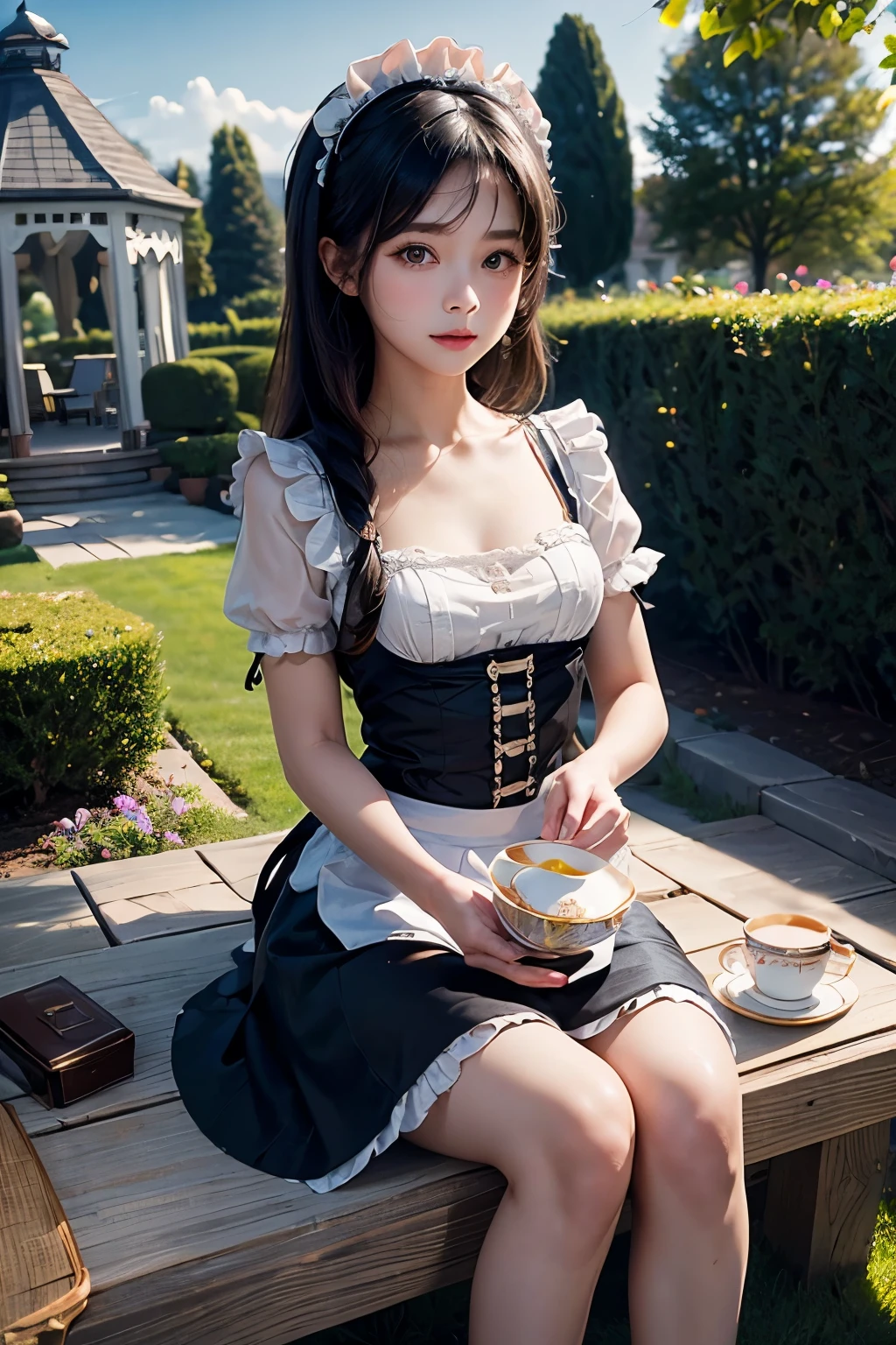 masterpiece,Highest quality,Very detailed,Maid Girl,,Small breasts,Black Hair,very cute,Maid clothes,Outdoor,Garden Gazebo,Tea party