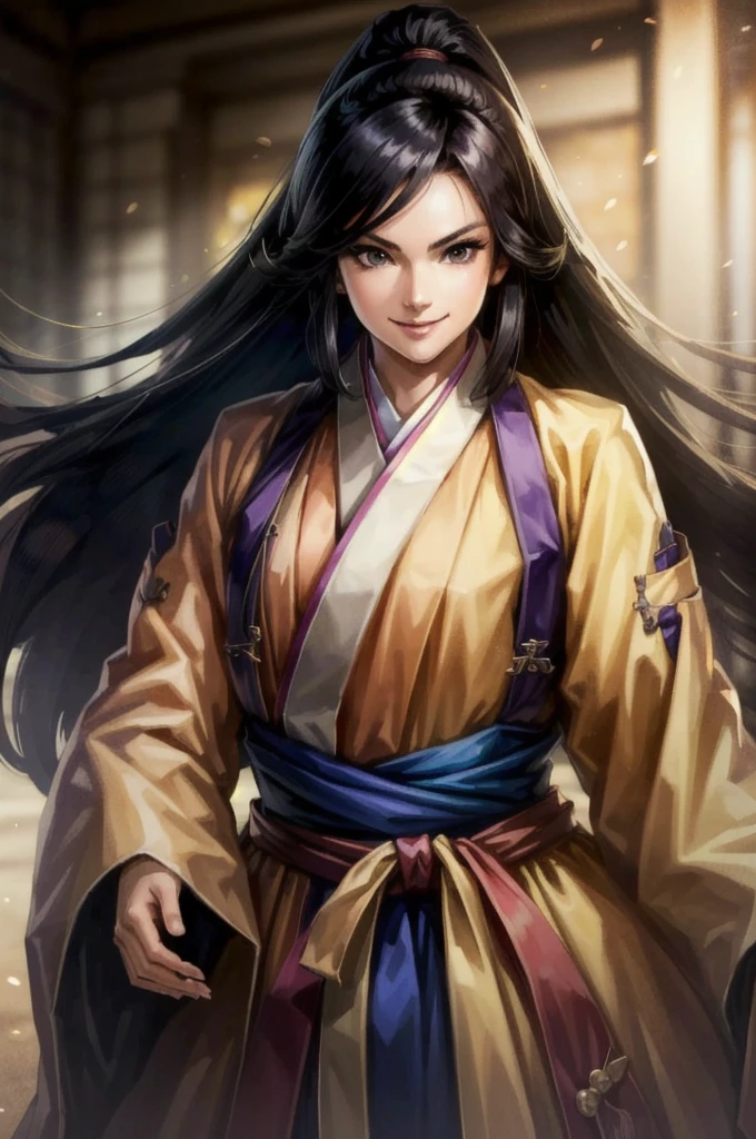 1People Women, smile, Hanfu, Tight waist, Long Hair, Her presence itself is captivating., anime style, motion blur, close-up, cowboy shot, UHD, retina, masterpiece, accurate, anatomically correct, textured skin, super detail, high details, high quality, award winning, best quality, highres