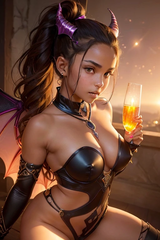 A young 15- yr old native European girl with lovely charming face,( brown skin texture masterpiece),(tomboyish ponytail look), (( wearing horns)), (serious, with exposed teeths showing large fangs)(perfect full body detailed anatomy), (Super accessories detailed), (fighting pose), (perfect detailed bright sparkling eyes),( short illuminating onyx gemstone crystalized hair), ((expose big hard erect nipples))(( exposed panty ))((legs wide open showing pussy line))(( Wearing transparent illuminating costume of a vampire)), holding a treasure drinking glass or illuminating gemstone artifact (( illuminating different lights covering the sorrounding atmosphere)) on its back wearing beautiful large bat wings detailed design, The character solemnly praying, 7 different perspective view of that same girl & face profile sheet character style