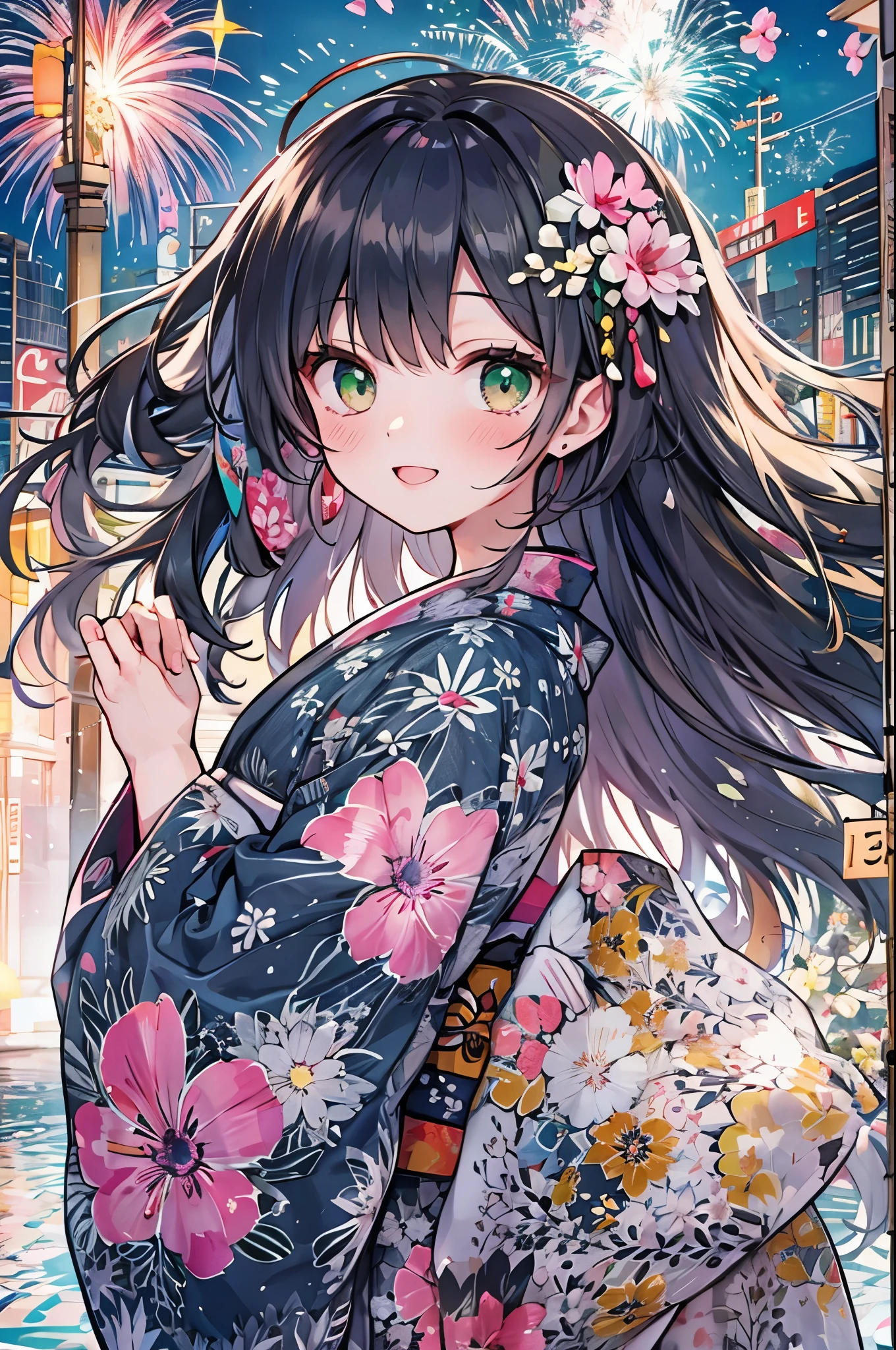 ((Highest quality, 8k, masterpiece: 1.3)), whole body,1 personの,1 person,,Glamorous Body,cute,smile,Black Hair,Beautiful emerald green eyes,long hair,((yukata,Bright pink sheer fabric,Morning glory pattern)),squat,summer night,Fireworks burst into flames in the background,