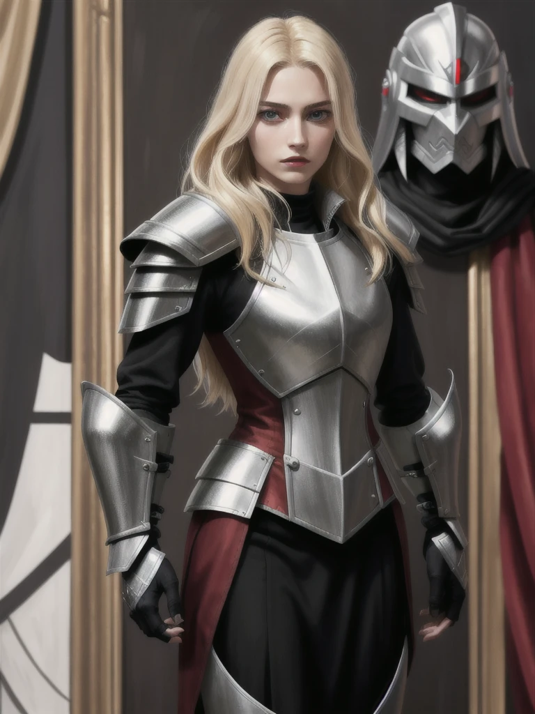 a realistic, perfect and beautiful image of a blonde woman, beautiful, perfect symmetry, masterpiece, with a black warrior helmet, with Templar armor holding a Templar helmet with a Estatan cuirass Color portrait with photo quality of the young and beautiful Dolorez Lorenzo as an assassin knight in armor with loose hair, red lips and stern expression
