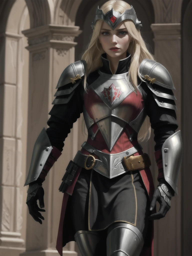 a realistic, perfect and beautiful image of a blonde woman, beautiful, perfect symmetry, masterpiece, with a black warrior helmet, with Templar armor holding a Templar helmet with a Estatan cuirass Color portrait with photo quality of the young and beautiful Dolorez Lorenzo as an assassin knight in armor with loose hair, red lips and stern expression