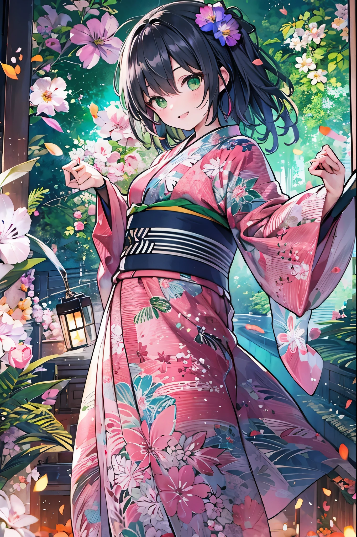 ((Highest quality, 8k, masterpiece: 1.3)), whole body,1 personの,1 person,,Glamorous Body,cute,smile,Black Hair,Beautiful emerald green eyes,long hair,((yukata,Bright pink sheer fabric,Morning glory pattern)),squat,night,Fireworks burst into flames in the background,