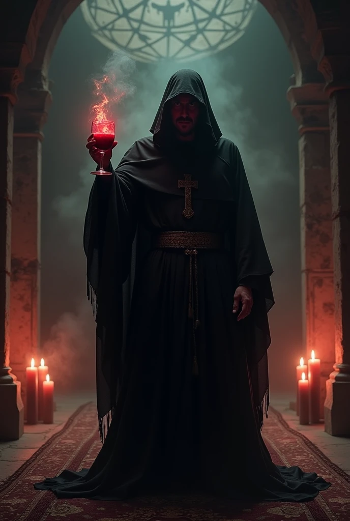 A satanic priest holding a glass of red wine