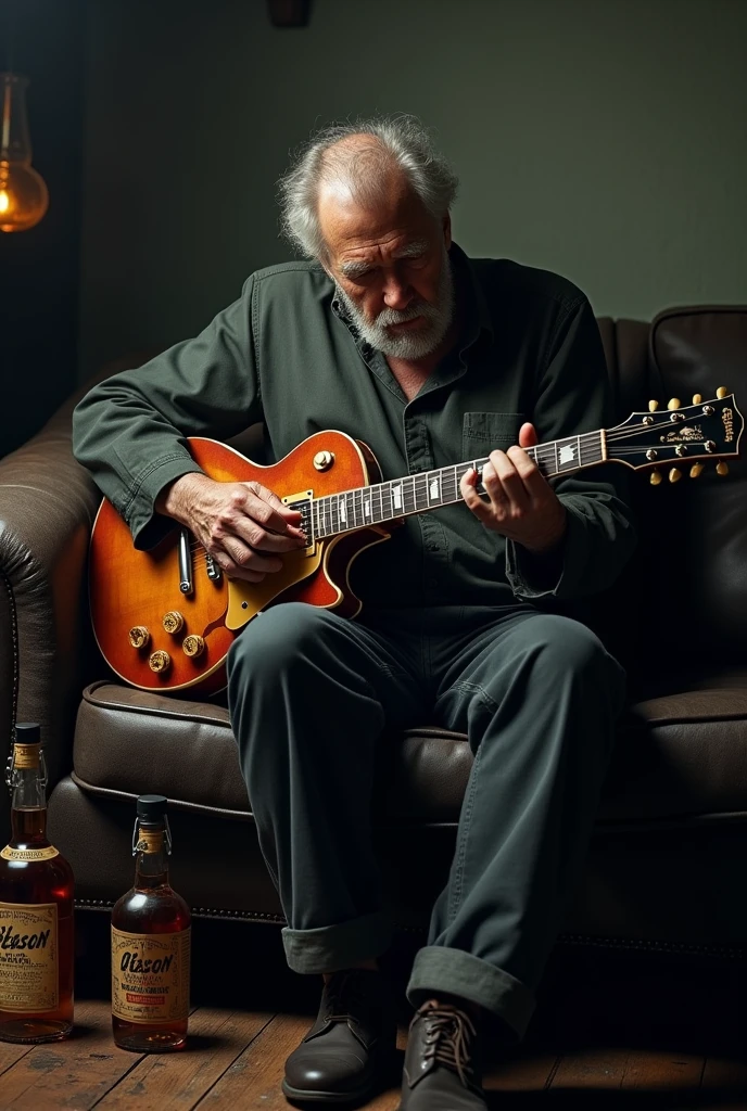 I want a blues player sitting on the couch with bottles of whiskey and his Gibson electric guitar by his side.