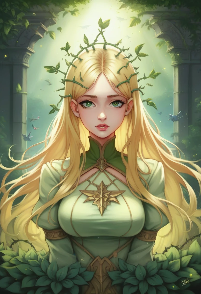 Beautiful girl, 25 years, long light golden hair, green eyes, long, thick eyelashes, Light Healer, Combat, in a simple green dress from the 19th century, shining sphere in hands, in the mansion, Fireflies, trees and plants, rose with thorns, unearthly beauty, fantasy, digital art, bright light, complex parts, Focus on the face, Exquisite, sharpness, depth, photorealism, professional photo, cgi, diffuse reflection, full hd wallpaper, epic, 64k, f/16, 1/300s, s750, HDR, ultrahd, 50mm lens