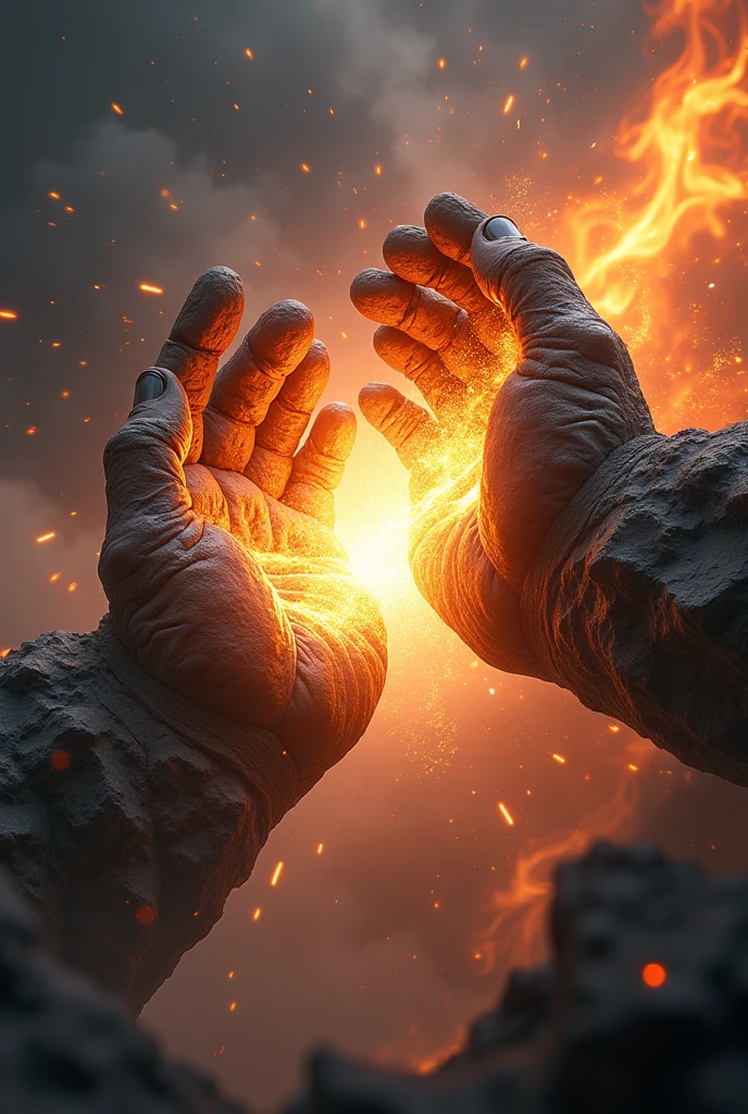 “Two colossal, rocky hands collide in a thunderous clap, their surfaces etched with intricate details. Dynamic streaks of orange and yellow energy burst forth from the point of impact, illuminating the cosmic darkness around them. The center of the image blurs, capturing the intense movement and raw power of this celestial collision