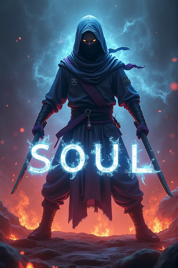 induce an eye- catching gaming totem with a Ninja avatar , enhanced by a witching gleam effect. Center the text written in " SOUL," written in futuristic font , and position" Gaming" below for a dynamic and luminous design