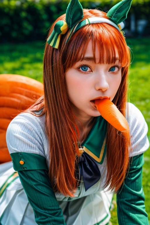 (realistic, photo-realistic:1.4), (masterpiece, best quality:1.2), RAW photo, high resolution, intricate details, extremely detailed, sharp focus, (portrait), solo, 1girl, a 30s Japanese woman, (aasuzuka, long hair, ginger hair, animal ears, ear covers, white hairband, horse tail, green sailor collar, black bow, white shirt, layered sleeves, green sleeves, black gloves, white skirt, black pantyhose:1.2), shoes, (detailed face, beautiful detailed eyes, beautiful pupils, sophisticated nose), pale skin, (shovel a giant carrot into mouth:1.4), photo background, outdoors, grass,