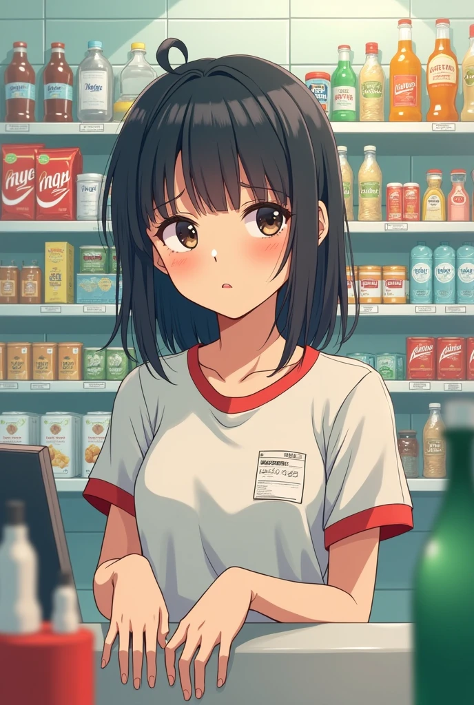  Girl Convenience store worker bored in the Convenience store  illustration style
