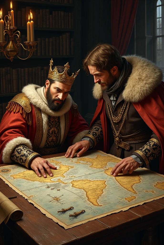 A king first looking at flat maps and a navigator in 1500