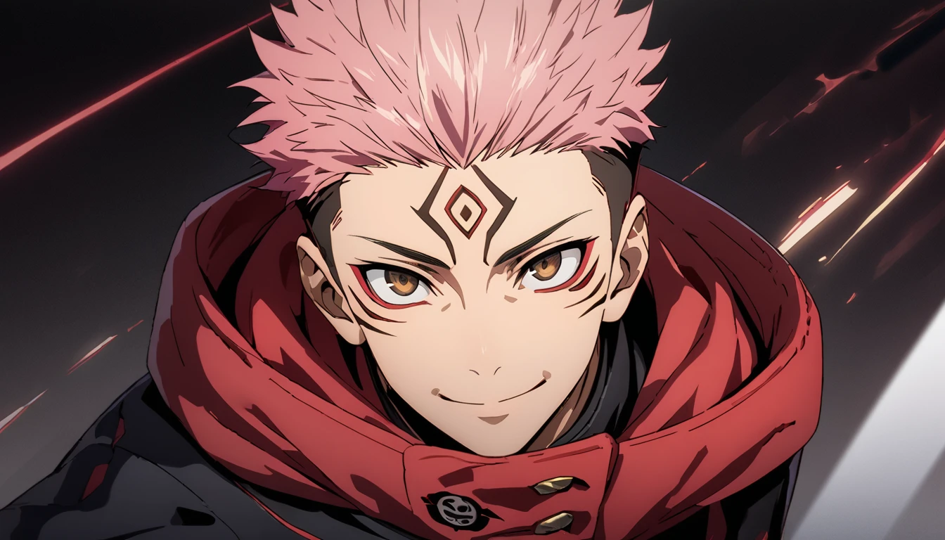 masterpiece, best quality, 1boy, Ryomen SUKUNA, pink hair, spiked short hair, undercut, brown eyes, facial mark, red hoodie, gakuran, jacket, upper body, solo, looking at viewer, smile, simple background best quality, high resolution, distinct image, Cinematic light, intricate_detail, highres, official art, finely detailed beautiful face, high-resolution illustration, 8k, dark intense shadows,  Dynamic Range, tonemapping, crisp details, Beautiful Finger,Beautiful body,Beautiful Nose,Beautiful character design, (perfect eyes), perfect face,expressive eyes,perfect balance, rule of three