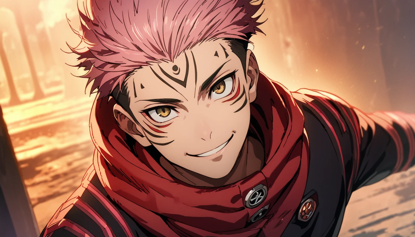 masterpiece, best quality, 1boy, Ryomen SUKUNA, pink hair, spiked short hair, undercut, brown eyes, facial mark, red hoodie, gakuran, jacket, upper body, solo, looking at viewer, smile, simple background best quality, high resolution, distinct image, Cinematic light, intricate_detail, highres, official art, finely detailed beautiful face, high-resolution illustration, 8k, dark intense shadows,  Dynamic Range, tonemapping, crisp details, Beautiful Finger,Beautiful body,Beautiful Nose,Beautiful character design, (perfect eyes), perfect face,expressive eyes,perfect balance, rule of three