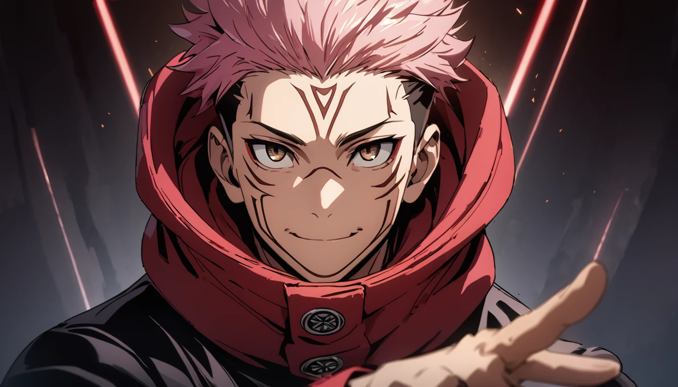 masterpiece, best quality, 1boy, Ryomen SUKUNA, pink hair, spiked short hair, undercut, brown eyes, facial mark, red hoodie, gakuran, jacket, upper body, solo, looking at viewer, smile, simple background best quality, high resolution, distinct image, Cinematic light, intricate_detail, highres, official art, finely detailed beautiful face, high-resolution illustration, 8k, dark intense shadows,  Dynamic Range, tonemapping, crisp details, Beautiful Finger,Beautiful body,Beautiful Nose,Beautiful character design, (perfect eyes), perfect face,expressive eyes,perfect balance, rule of three