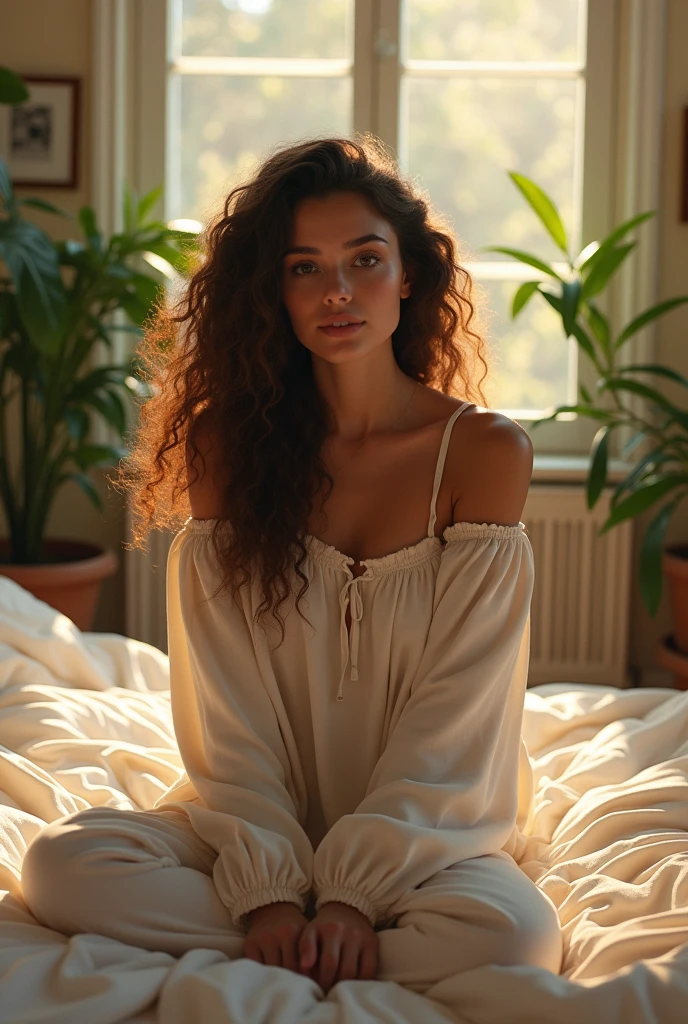 (photorealism:1.2), beautiful woman, sitting on bed, wearing loose off-shoulder top, pajama pants, long curly hair, indoors, soft lighting, plants in background, window with sunlight, cozy room, relaxed pose, realistic, intricate details, warm colors, by Greg Rutkowski, by Alphonse Mucha