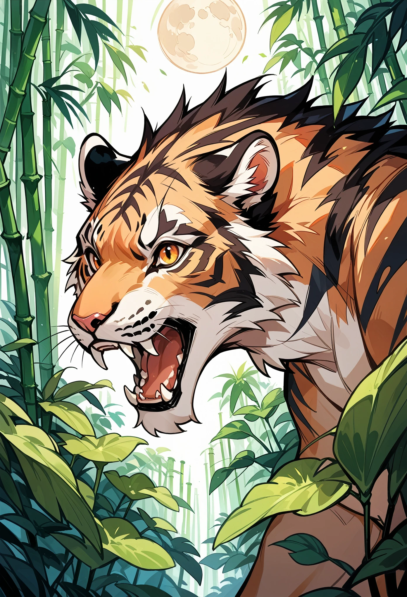 rating_safe, score_9, score_8_up, score_7_up, score_6_up, score_5_up, score_4_up, hires, source_furry, bamboo forest, moon, Chinese, male animal tigers and human girl,
