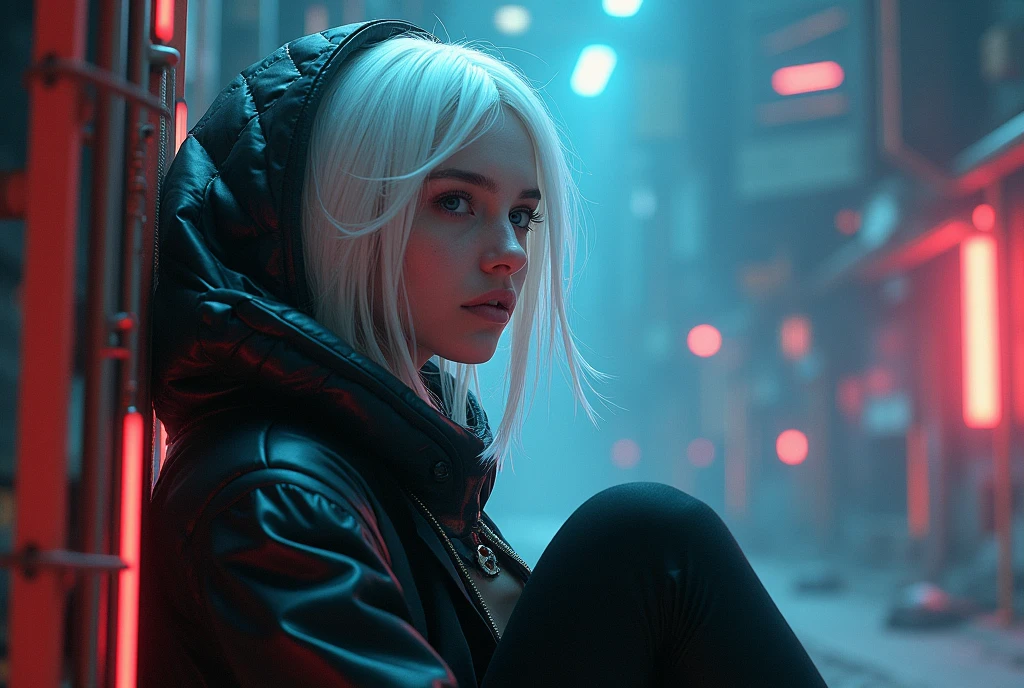 anime, a white hair girl, cyberpunk style, hood, neon lights, high-tech clothing,