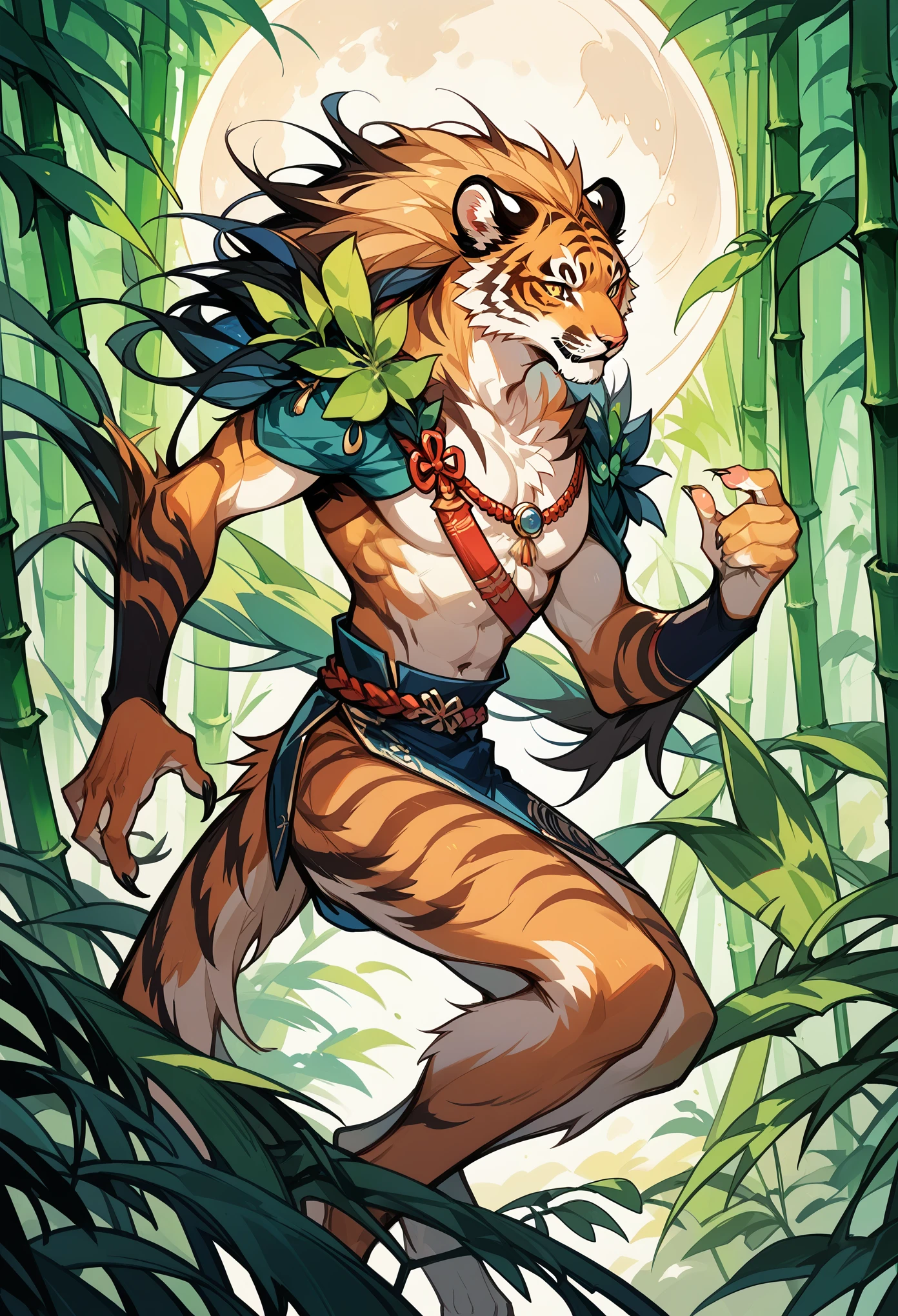 rating_safe, score_9, score_8_up, score_7_up, score_6_up, score_5_up, score_4_up, hires, source_furry, bamboo forest, moon, Chinese, male animal tigers and human girl,