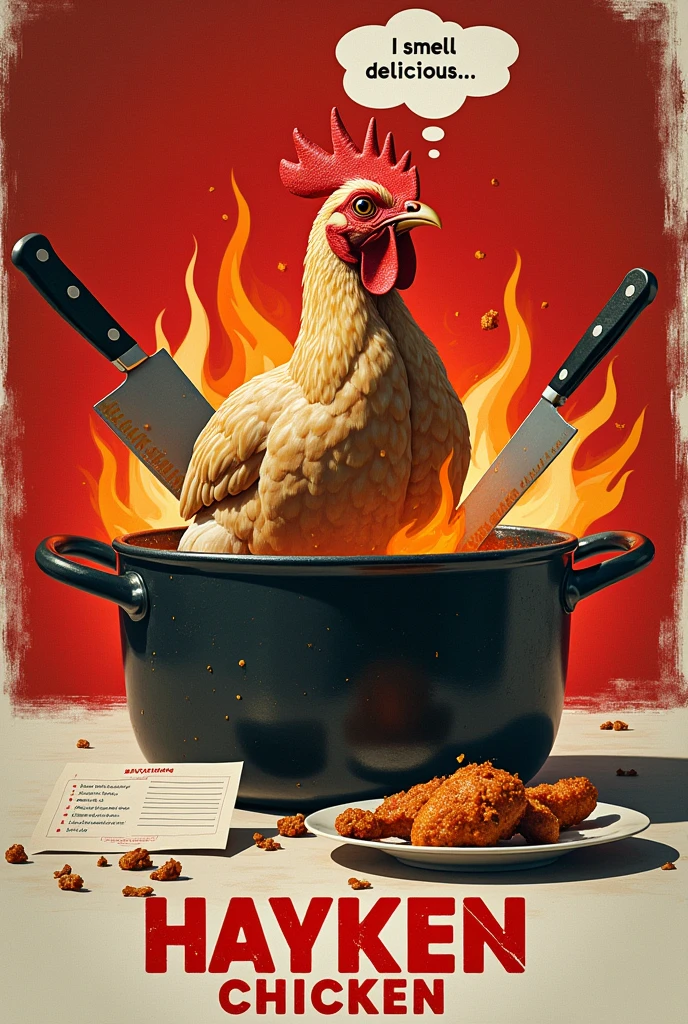 Background red and white, a pot on a top a fire, alive chicken in side the pot, two knifes crossed each other on the top,fried chicken on a side and a recipe on the other side, the chicken looking at the the fried chicken, write "I smell Delicious ..." as a thought on the top of the chickens head,Write boldly with red and white letters" Hayken Chicken" At the bottom