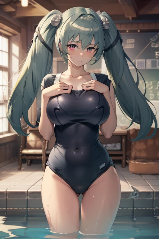 masterpiece,best quality,high resolution,8k,ultra HD,wallpaper,illustration,perfect face,cowboy shot,beautiful detailed eyes,extremely detailed face,perfect lighting,extremely detailed CG,perfect hands,perfect anatomy,perfect body,perfect hands,perfect fingers,1woman,full body,,(muscle fighter:1.1),light green twintails hair,orange eyes,(large breasts:1.3),(Medium ass:1.1),medium nipples,(blue school swimsuit:1.3),,clothed,,collarbone,,looking at viewer,(sexy look pose:1.3),Steam,sweat,rich home pool,(Zenless Zone Zero character corin),adult,