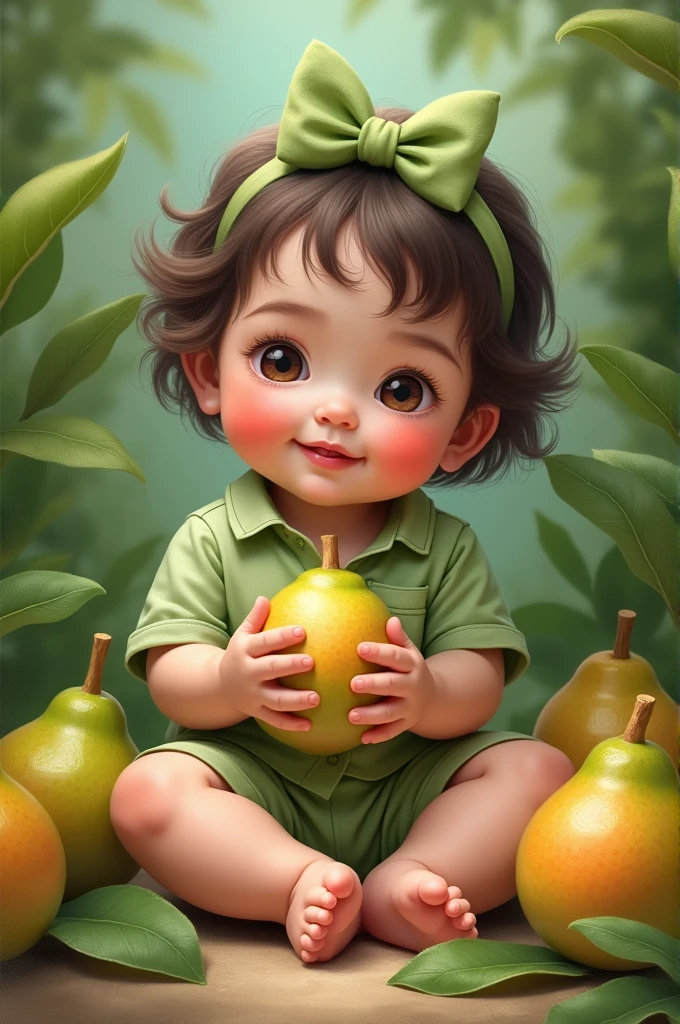 Baby with bow on head, with green blouse and shorts, sitting with guava fruit in her hand.