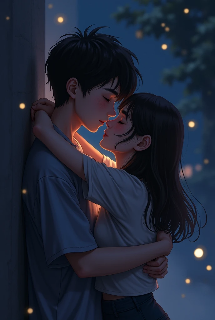 A boy is standing to the wall in the midnight in low light holding a girl from the back. The girl is resting over the boy by placing her back body to the boys chest. The boy is kissing on the girls neck with so much of love. Make the image as the camera is infront of the boy and girl