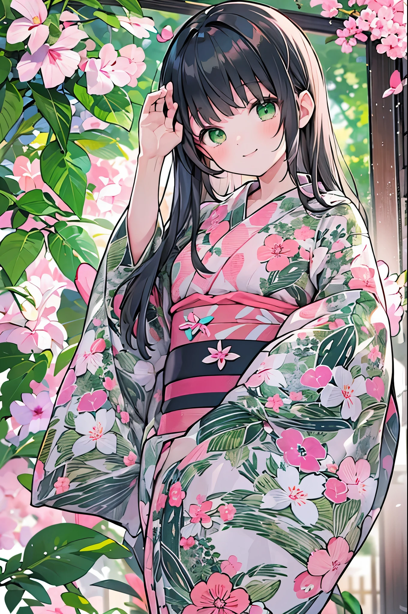 ((Highest quality, 8k, masterpiece: 1.3)), whole body,1 personの,1 person,,Glamorous Body,cute,smile,Black Hair,Beautiful emerald green eyes,long hair,((yukata,Bright pink fabric with morning glory pattern)),squat,night,