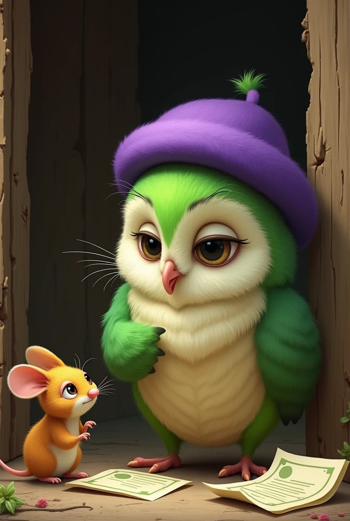 a green fluffy barn owl with a purple beret looking at the bills while a yellow brown mouse standing there looking confused