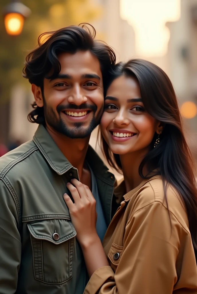 "A 1 Indian couple is sitting together. The boy has medium long hair and is wearing a jacket, while the girl is wearing a shirt. The girl is taking a selfie of the two of them. capturing a happy moment. The background is soft and slightly blurred, drawing focus to the couple's joyful expressions."