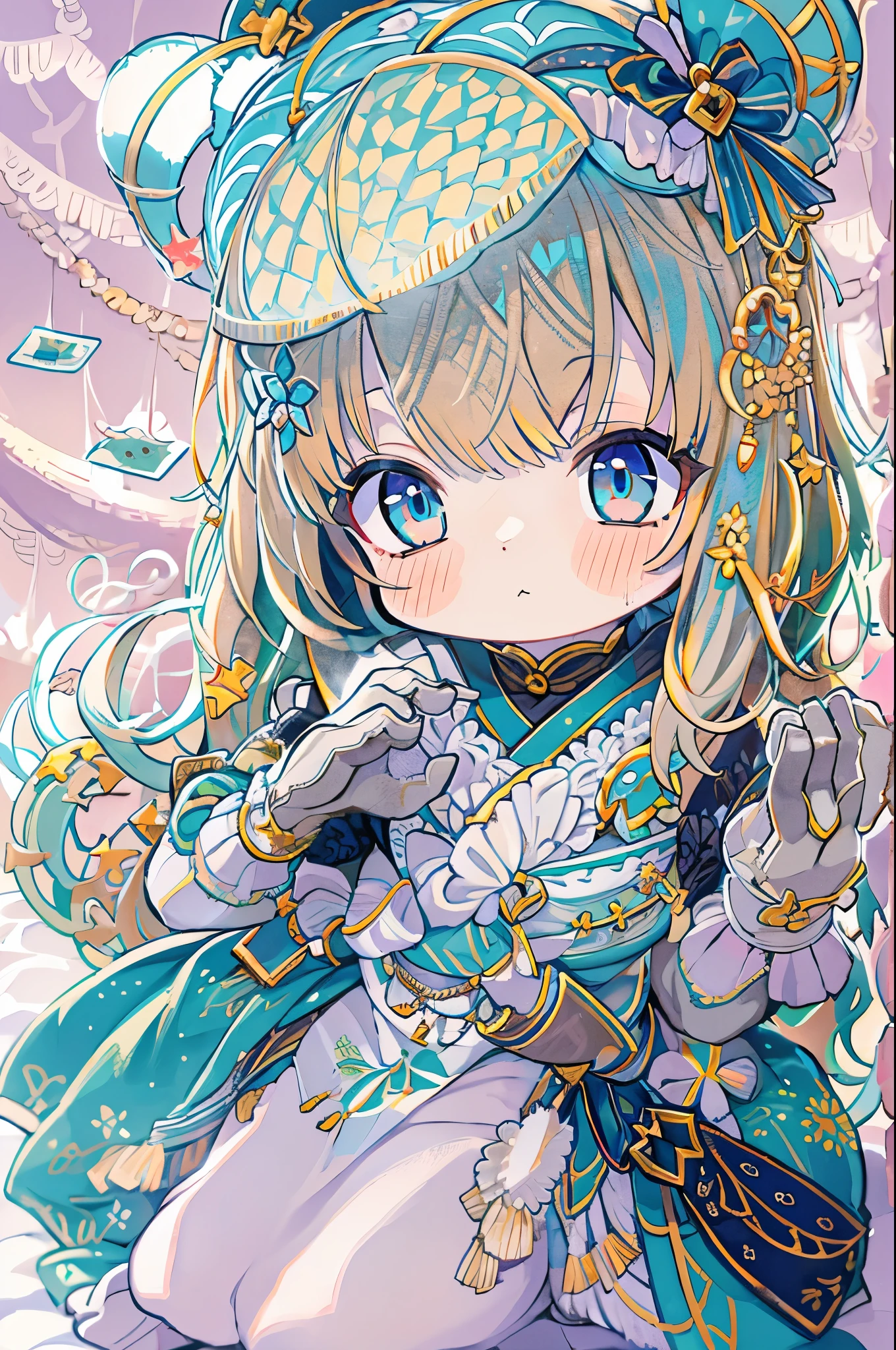 (artwork), (great work), (indirect lighting), (Chibi Cute Studio), (GIFcuteアニメ), (cute cute), (Highly detailed CG 8k unit wallpaper), (One person) cuteドレスを着て, cuteフリルのティアラが付いた長い青い髪, Wearing silk gloves, White skin, Green and blue eyes, (cute)