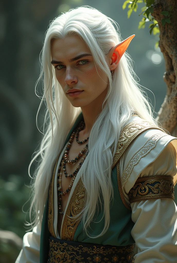 ((best quality)), ((masterpiece)), (detailed), 1 man, white long hair, elf ears, delicate facial features, wear fantasy clothes