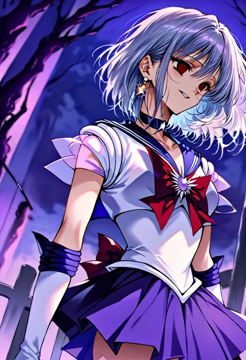 (masterpiece, Highest quality, so beautiful, Very detailed), Intricate details, 12k, Honestly,In awe of the Sailor Saturn XL,sailor senshi uniform,jewelry,skirt,choker,star choker,sailor collar,bow,brooch,star brooch,purple sailor collar,purple skirt,gloves,tiara,short hair,white gloves,earrings,elbow gloves,pleated skirt,, Are standing, Cowboy Shot,,(Wicked Smile:1.2), One person,(Silver Hair:1.4),(empty eyes,:1.4),From below,Watching the dawn,Dark aura,View your audience,(red eyes:1.2),