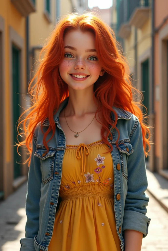 Girl with long wavy fiery red hair, yellow dress with little flowers, jean jacket, Italian background, white sneakers, with freckles, thick lips, white teeth, with dimples in her cheeks, honey green eyes
