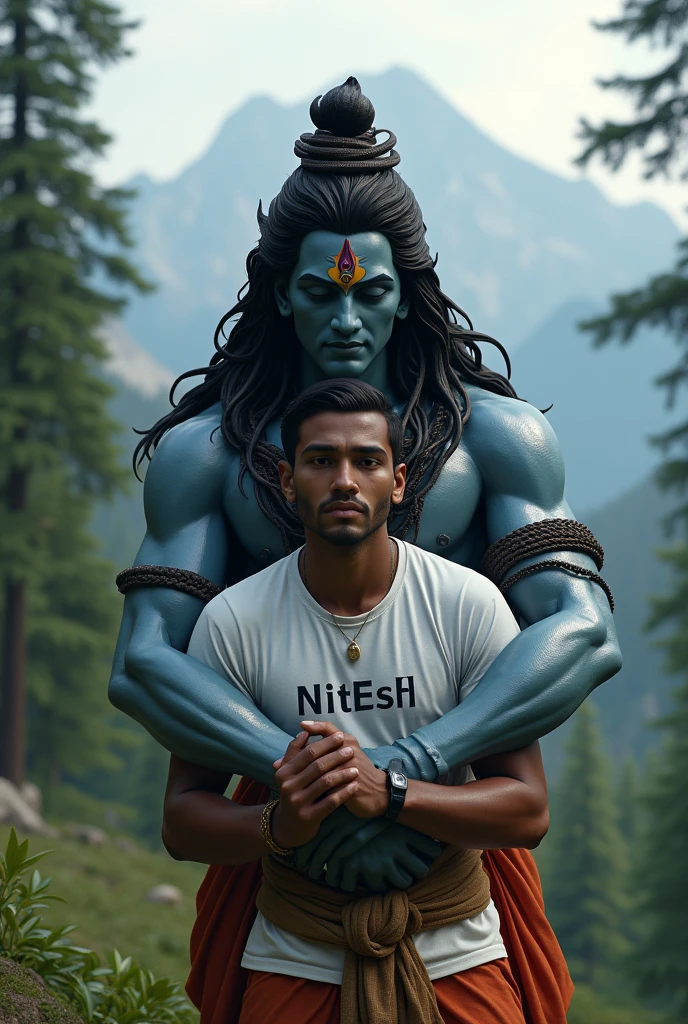 Create a high quality realistic image, lord Shiv and a 30 year old teenage boy hugging are Warking with each other, boy is wearing white t-shirt on which his name "NITESH" is written boldly on top, both are emotional, environment is mountain, background is of tree, image should ultra