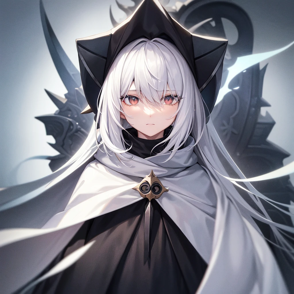 1 , White hair, hooded cloak, shorth hair, without expression, black overcoat, black backdrop, 2d image