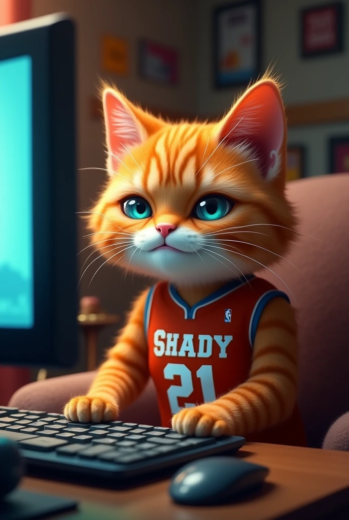 A ginger cat in a basketball uniform with the name Shady and the number 21, playing computer 