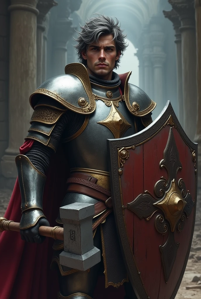 a young knight in armor, paladin, medieval warrior, man with messy dark grey long hair, rugged adventurer, warhammer, kite shield, dungeons and dragons, heroic pose, cinematic lighting, dramatic composition, highly detailed, digital painting, masterpiece, photorealistic, 8k, intricate details, chiaroscuro, moody atmosphere