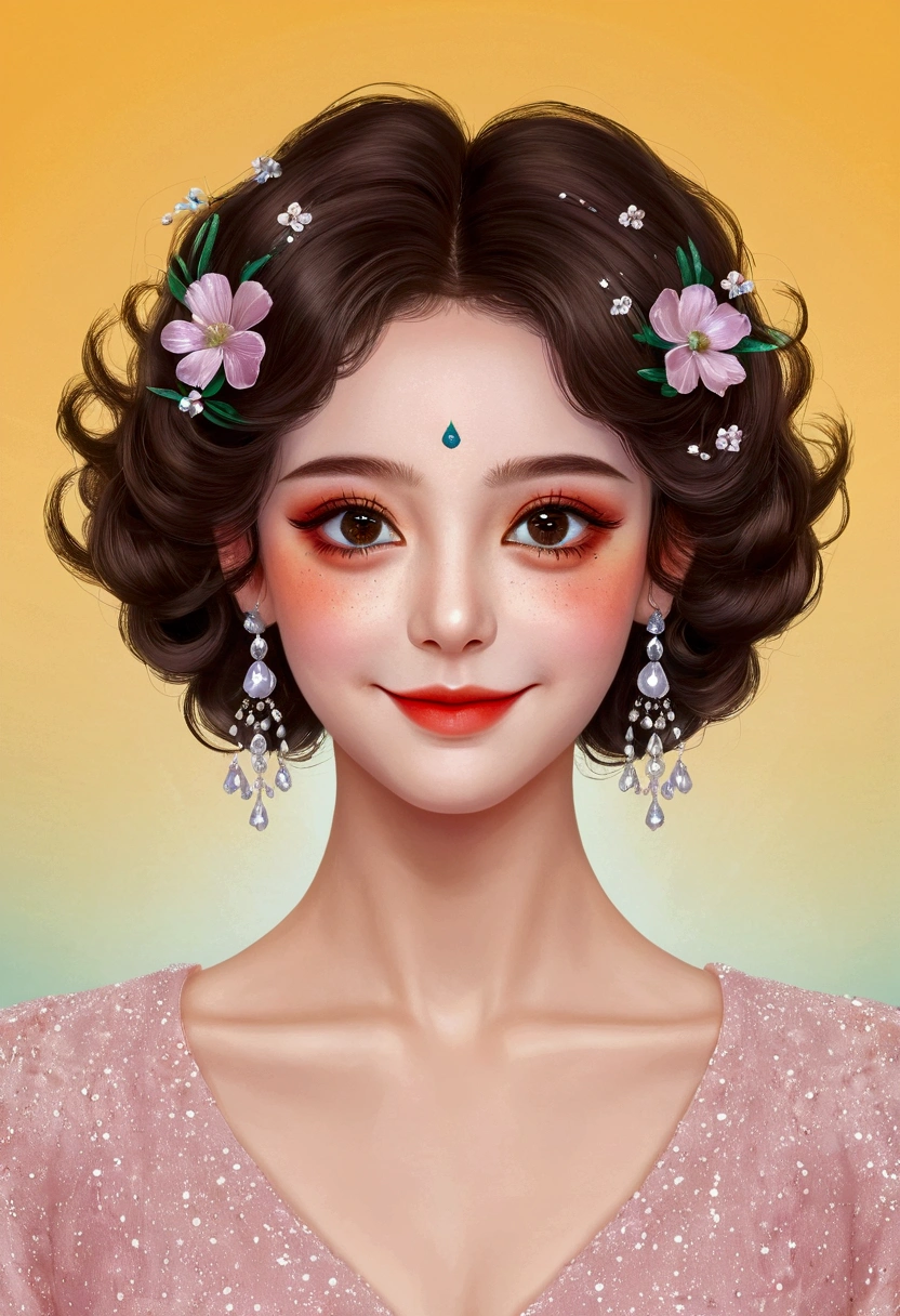 Digital Art Girl Portrait，Smile，solitary，symmetry，Gradient hair，Colorful big eyes，Fashionable and exquisite facial features，Exquisite makeup，Beautiful hairstyle，hairpin，Clean and simple background